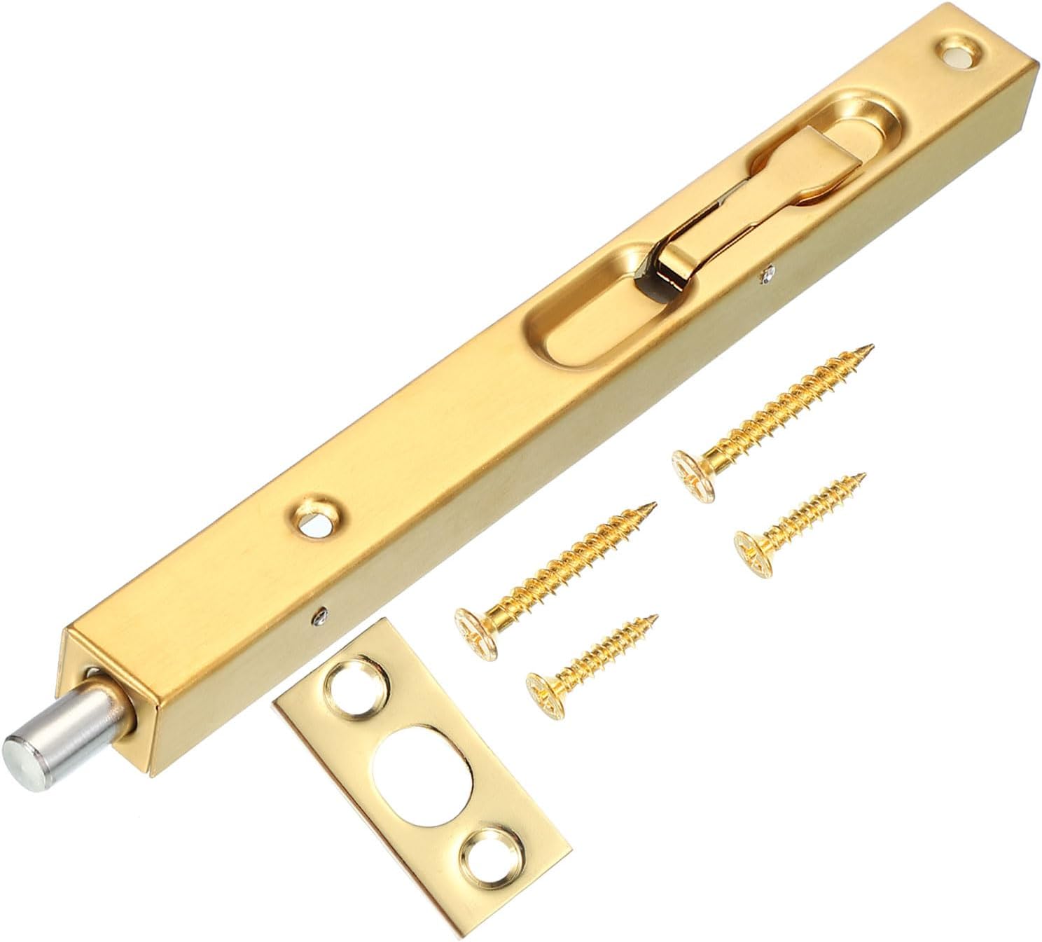 MECCANIXITY Door Flush Bolts 7.87 x 0.79 Inch Bolt Latch for Double Doors, Flip Lever Mechanism French Doors Composite Wood Double Brush Stainless Steel Finish Sliding Door Gold, Pack of 1