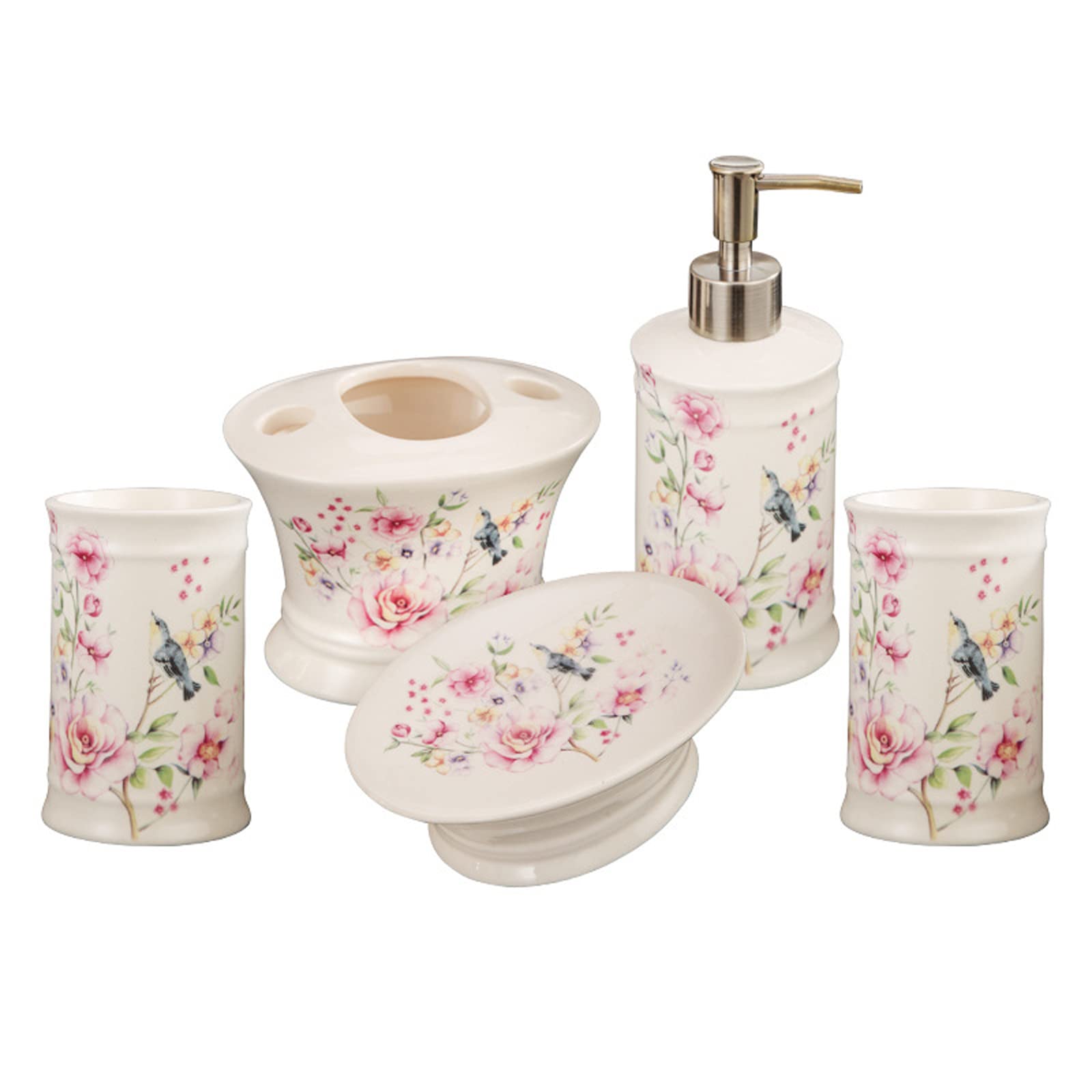 Juego de Accesorios de baño Retro Hecho a Mano, Incluye dispensador de jabón, Vaso, Soporte para Cepillo de Dientes, con patrón, pájaro, 5 Piezas