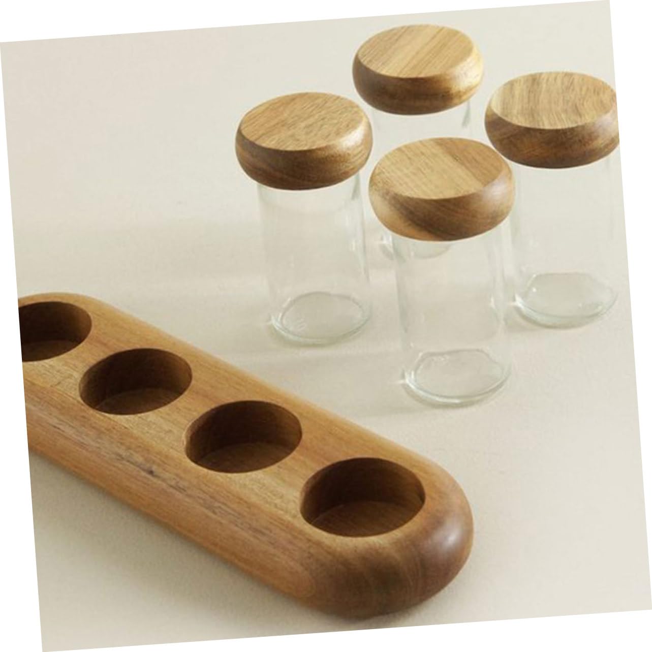 Contenitore in Vetro per Spezie con Coperchio in Legno di Acacia e Vassoio Barattolo Ermetico per Condimenti Design Compatto e Resistente per Cucina e Barbecue all Aperto