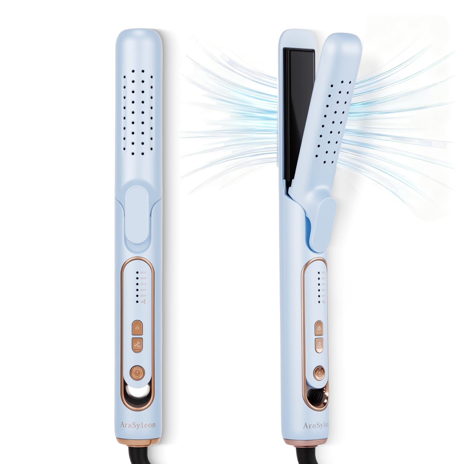 Piastra Capelli con Aria Fredda & ionica, 5 Temp. 140–220 °C | Piastra arricciacapelli 2-in-1, corpo termoprotetto, piastre ceramica tourmalina, 110-240V, cavo 2 m, cavo girevole a 360°