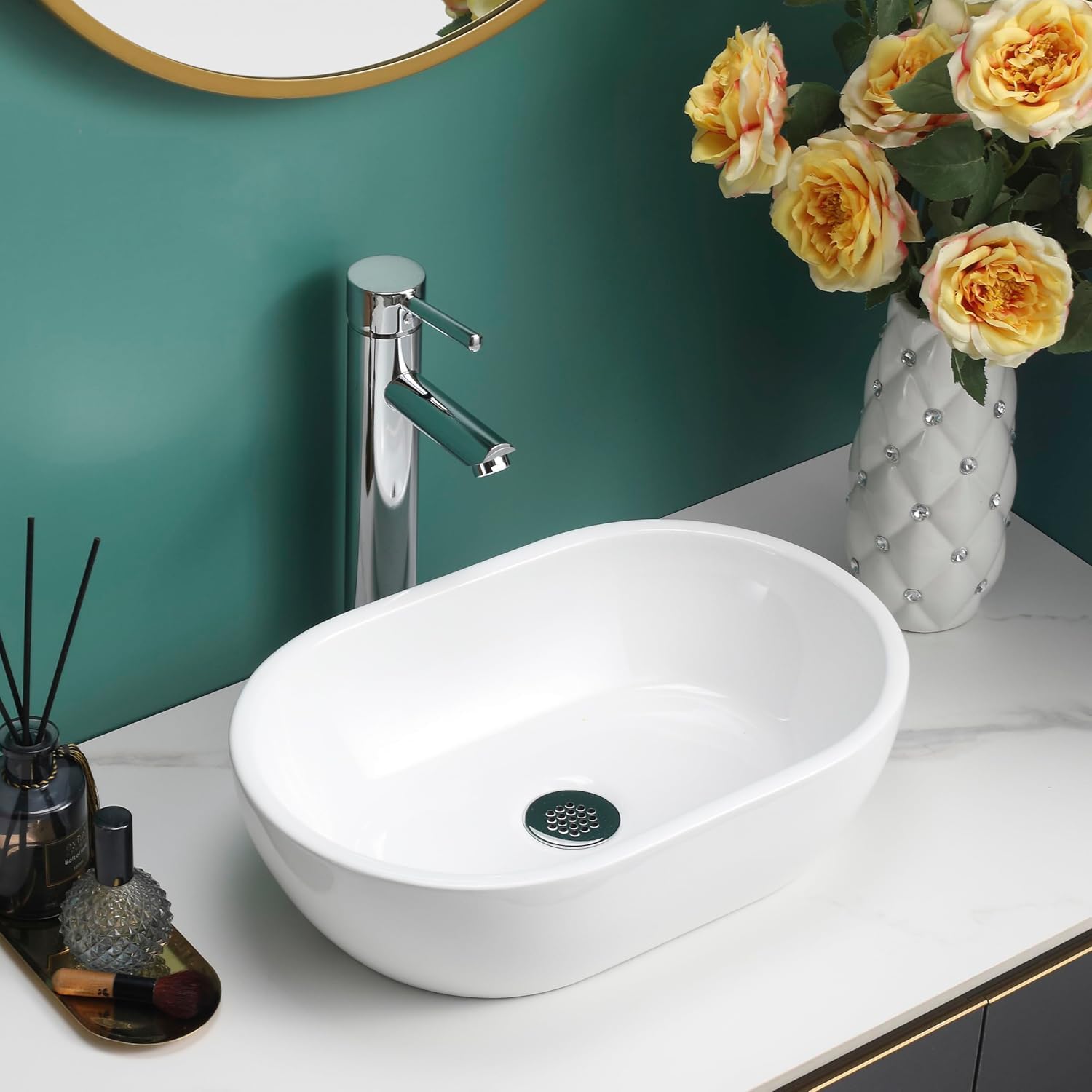 BELOFAY Counter Top Bathroom Sink Basin – Modern White Ceramic Wash Basin with Scratch-Resistant Gloss Surface – Sink basins for Cloakroom,Vanity Cabinet and Bathrooms (Oval 2)
