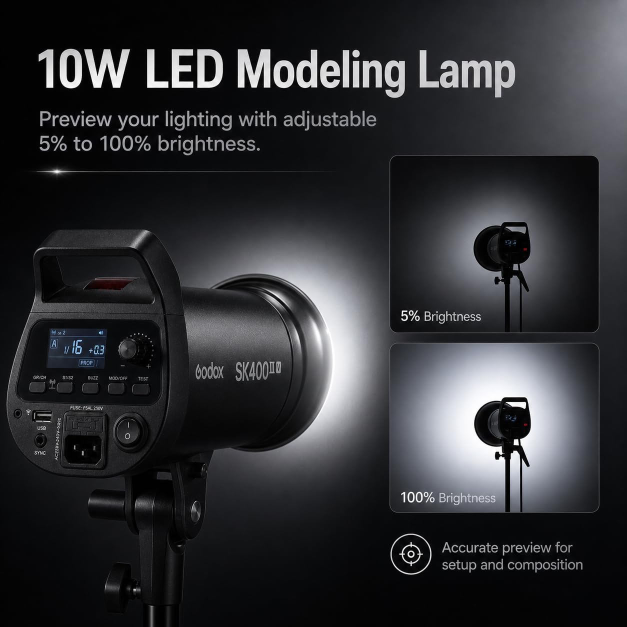 Godox SK400III-V Flash da Studio 400Ws con Riflettore Standard, GN65 5700K Strobo Professionale con Lampada Modellante LED 10W, Riciclo 0.1-1.5s, Sistema X Wireless 2.4G Integrato e Attacco Bowens
