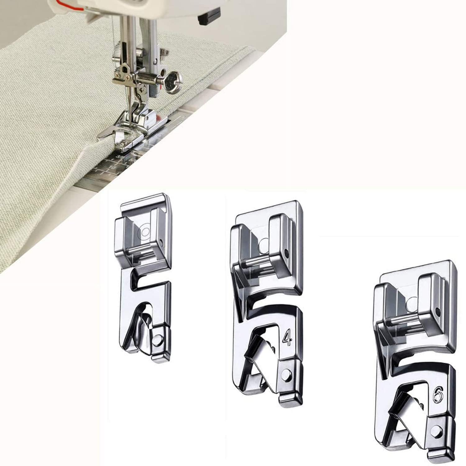 Khazna 3 Sizes Rolled Hem Foot 3 mm, 4 mm, 6 mm Hemmer Foot, Hemming Foot Kit, Sewing Feet Kit, Rolled Hem Presser Foot Sewing Machine Foot Suitable for Household Multi-Function Sewing Machines