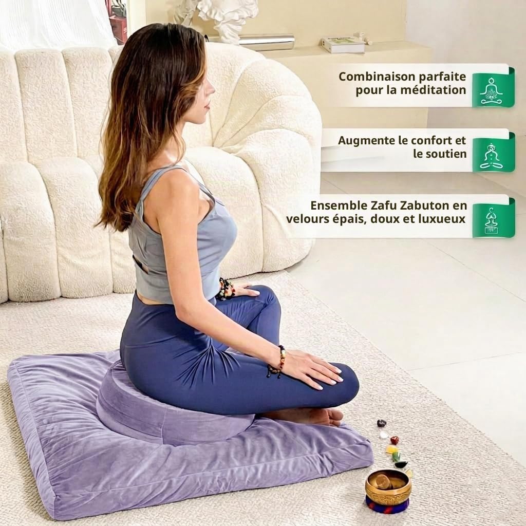 Hihealer Ensemble Coussin de Méditation et Tapis Zabuton - Grand Zafu et Tapis de Méditation pour Hommes et Femmes, Idéal pour Yoga, Relaxation et Pleine Conscience (Violet, 40x40x13cm & 80x80x8cm)