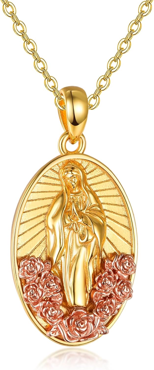 AENEAS Virgin Mary Necklace for Women Gold Plated Sterling Silver Virgen de Guadalupe Pendant Rose Jewelry Baptism Faith Religious Mother's Day Gifts for Her