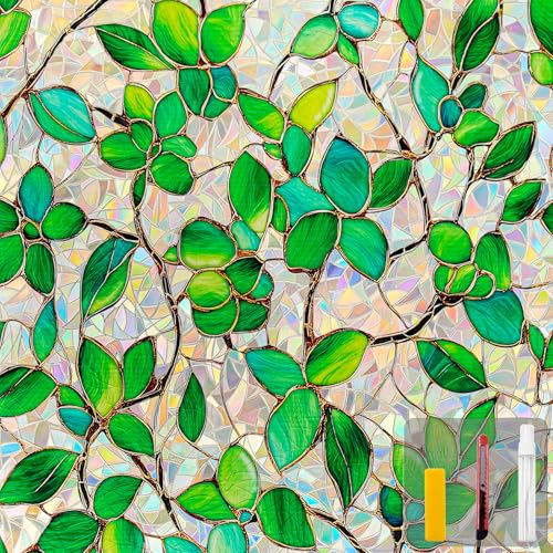 COUNTEWOL Window Privacy Film with Installation Tools Home Decorative Colored Glass Window Stickers Reusable electrostatic Rainbow Stickers (Greenery Leaf 17.5 x 78.7 in)