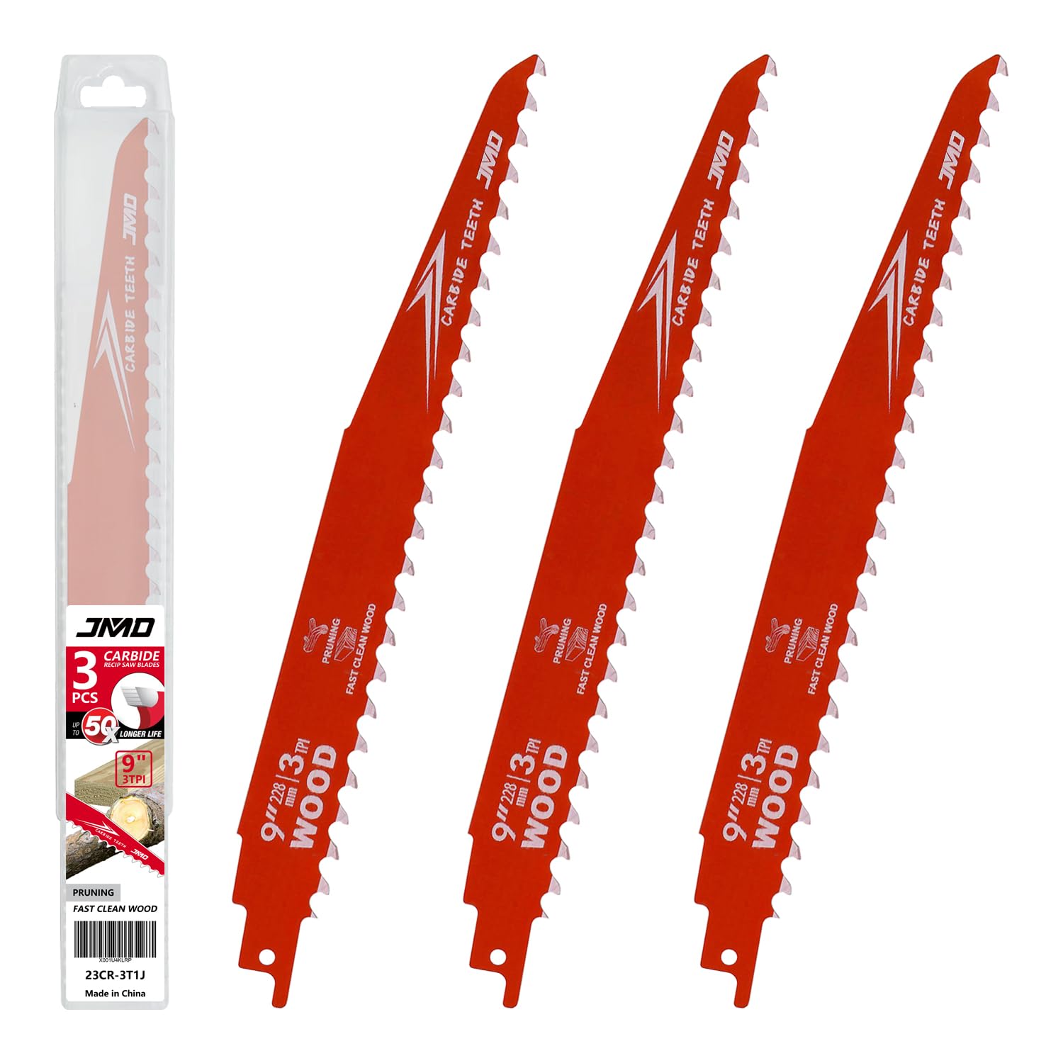 JMD 3-Pack 9 Inch 3TPI Carbide Pruning Reciprocating Saw Blades Recip Saw Blade Set for Wood Trees Compatible with Bosch Milwaukee Dewalt etc