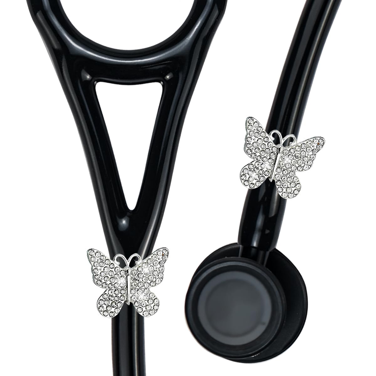 HEYGOO 2 Pack Bling Butterfly Stethoscope Charms for Doctor Nurse, Stethoscope Id Name Tag with Bling Silvery Rhinestones