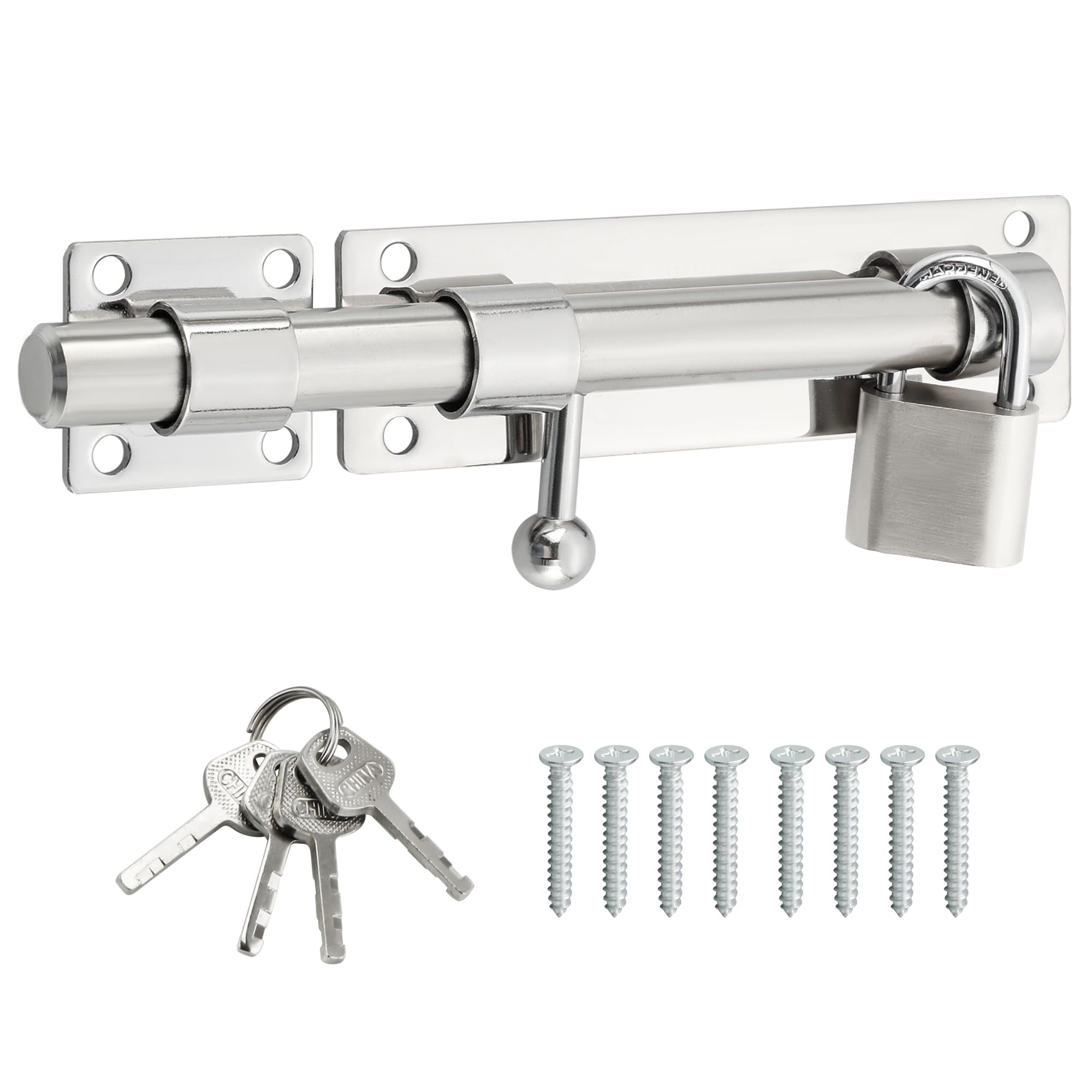 SAYAYO Slide Gate Latch Bolt Safety Door Lock with Padlock & 4 Keys Heavy Duty Solid SUS304 Stainless Steel Brushed,180MM Length