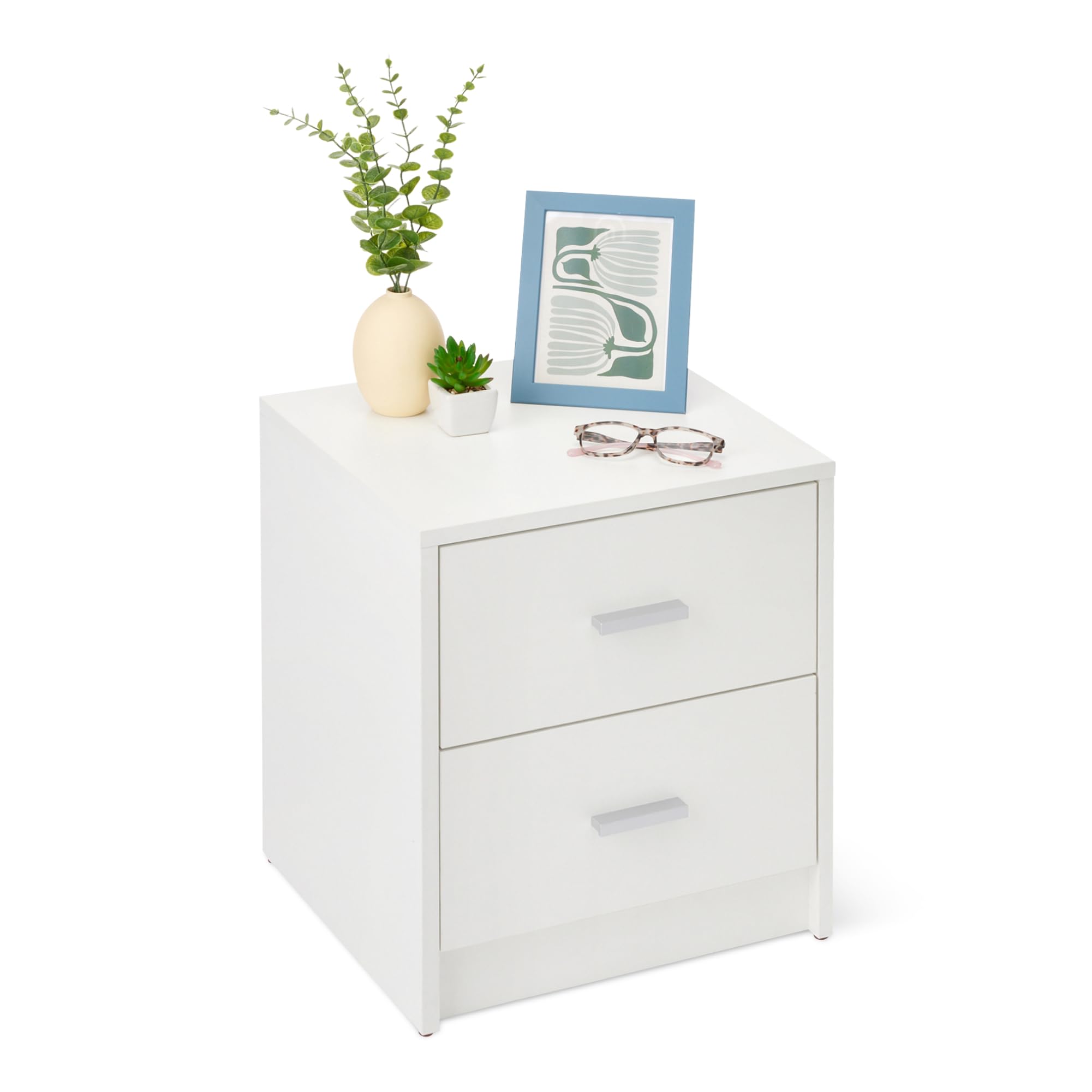 Amazon Basics Mesita de Noche, Mesita de Noche con 2 Cajones, Armario de Dormitorio, Blanco, 47 x 40 x 36cm
