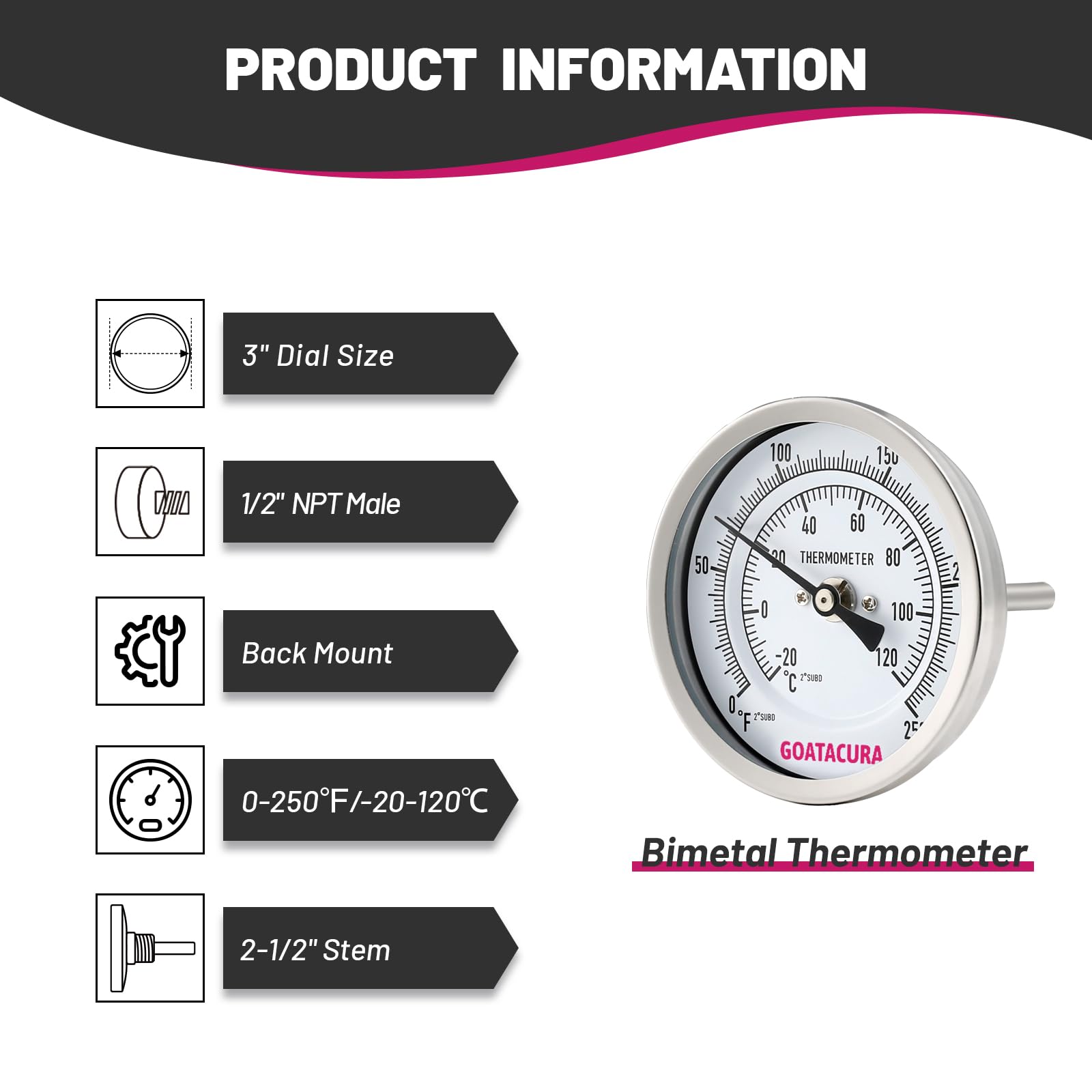 Bimetal Thermometer, Full Stainless Steel, 3" Dial Size, 2-1/2" Stem, 1/2" NPT Back Mount, 0-250 Deg F/-20-120 Deg C, 1% Accuracy — Amazon image 3