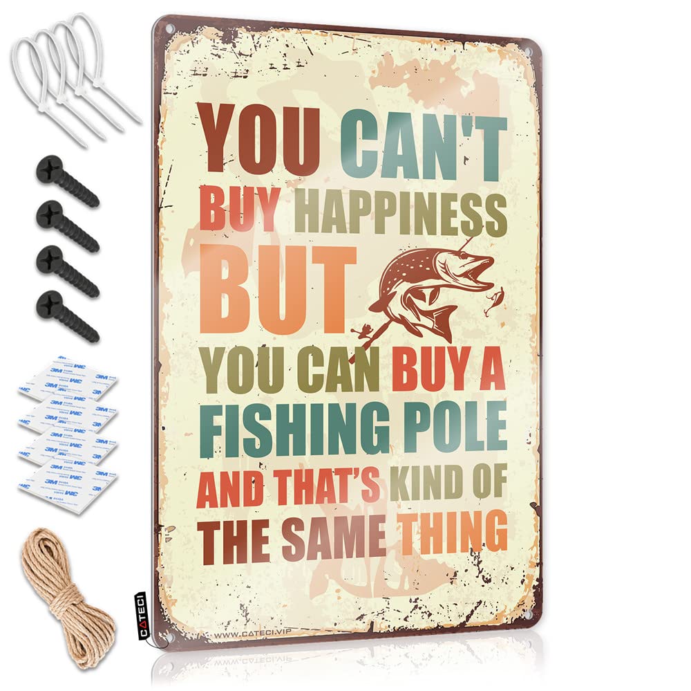 Ztbbdnqha Men's One Color Funny Man Cave Signs You Can't Buy Happiness But Can A Fishingpole Sign Outdoor Bar Decor Backyard Bar Decor(30X40cm)