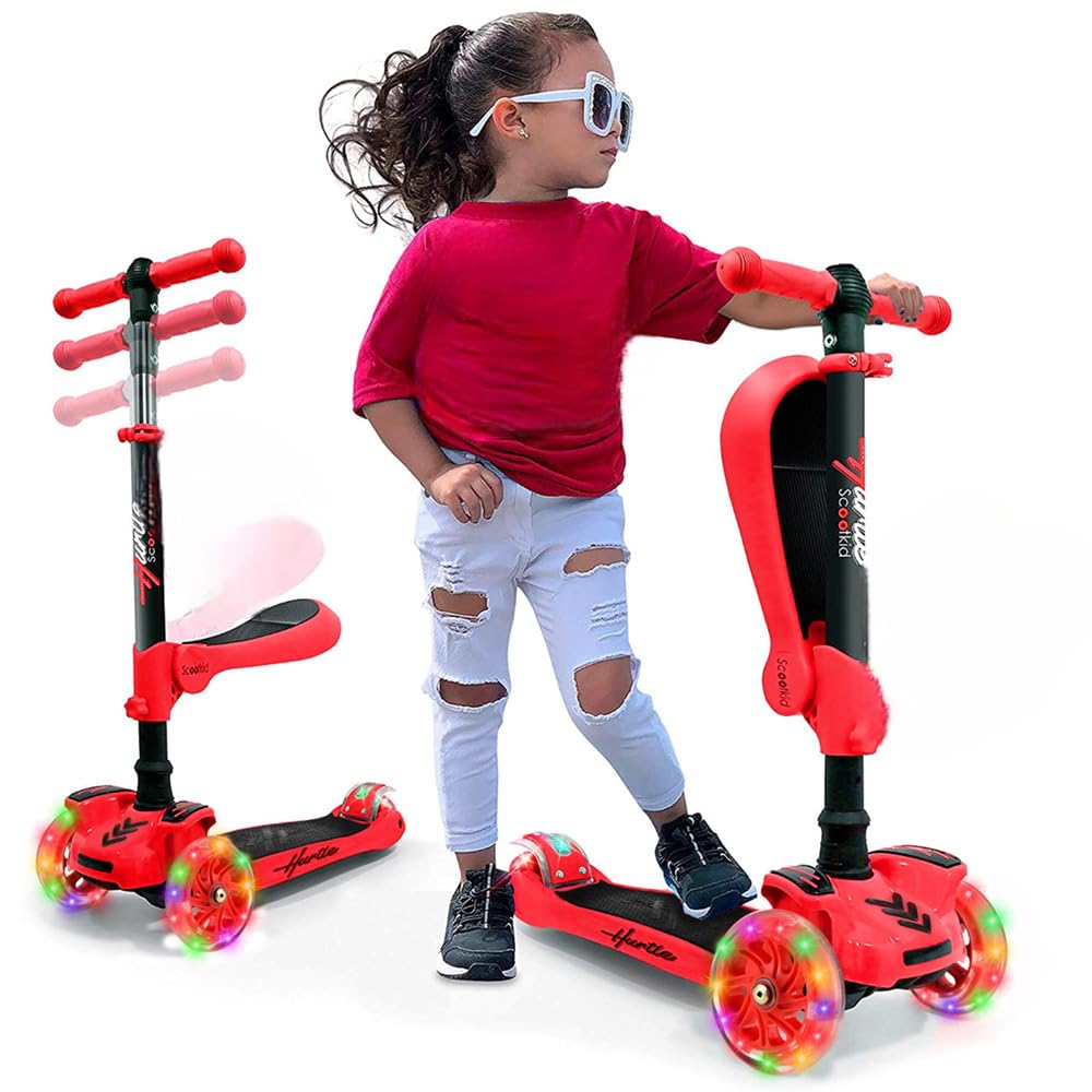 Hurtle Patinete, Scooter para niños, 2 años en adelante, Asiento abatible, Altura Ajustable, Monopatin 2 en 1, Luces Intermitentes