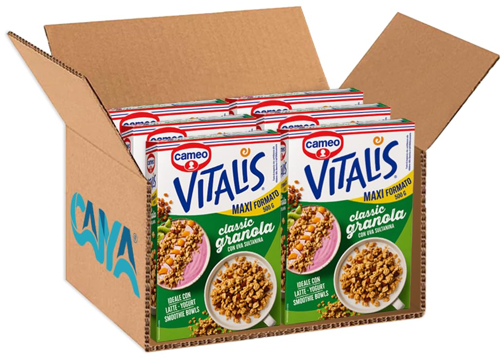6X Cameo Vitalis Granola Classic con Uva Sultanina– Cereali Croccanti per Colazione Ricchi di Fibre, Ideali con Latte e Yogurt 500g
