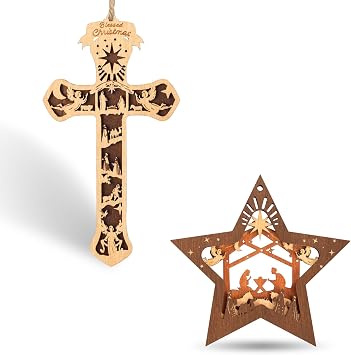 Creawoo Wooden Nativity Ornament Nativity Cross Ornament for Christmas Decoration