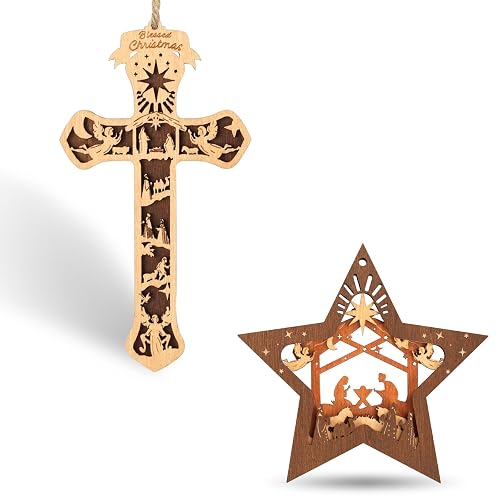 Creawoo Wooden Nativity Ornament Nativity Cross Ornament for Christmas Decoration