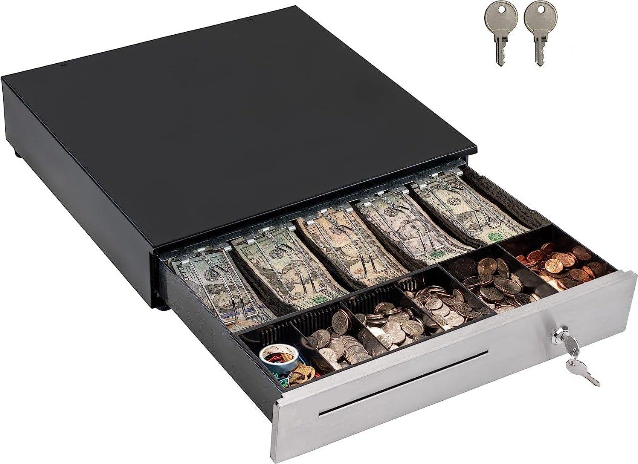 KAHUMBO Heavy Duty Electronic Cash Drawer Box Case Storage Cash Drawer Stainless Steel Front Automatic Cash Drawer Cashier Storage Safe Box Cash Drawer Organizer Tray Cash Drawer Tray