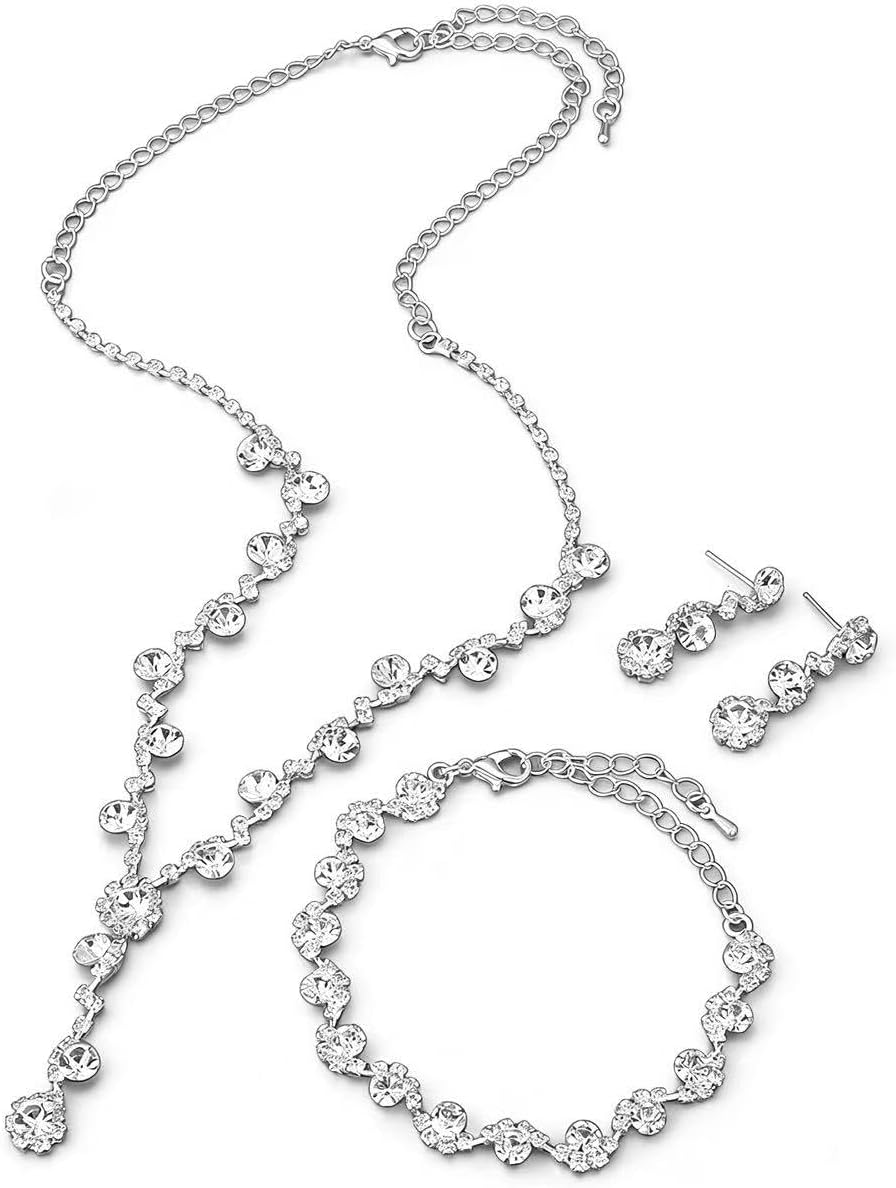 Bridal Jewelry Sets Wedding Necklace Earrings Silver Rhinestone Chain Necklace Bracelet Bridal Jewelry Sets for Women