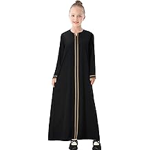 Kids Girls Gold Embroidered Muslim Dress Abaya Long Sleeve Eid Robe Prayer Clothes