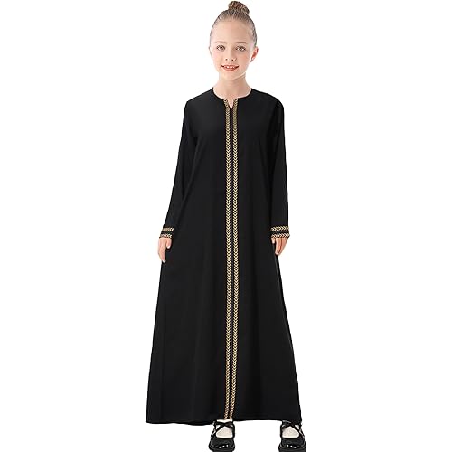 WSPLYSPJY Kids Girls Gold Embroidered Muslim Dress Abaya Long Sleeve Eid Robe Prayer Clothes