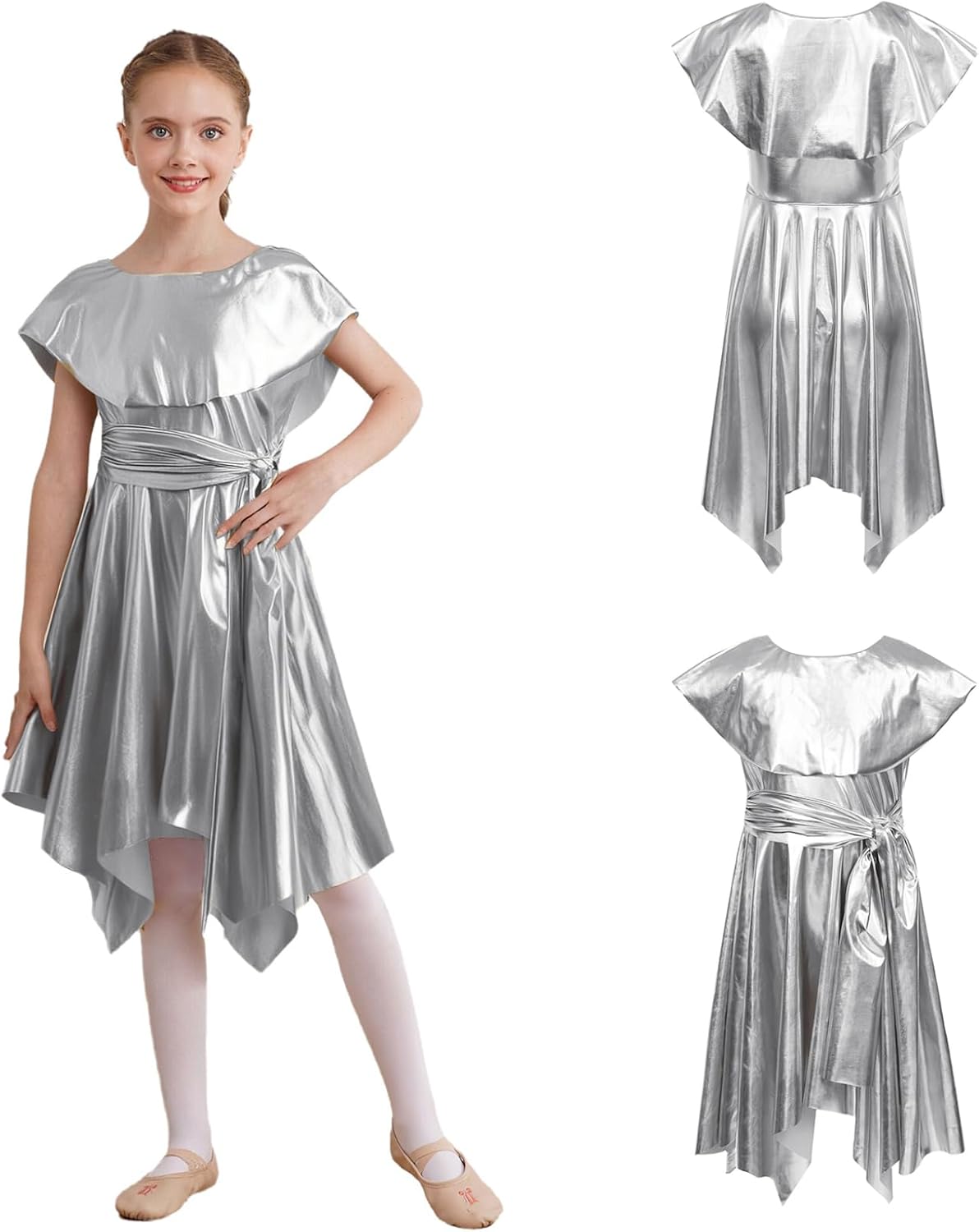 Oyolan Kids Girls Shiny Metallic Asymmetrical Praise Dance Tunic Worship Liturgical Church Lyrical Dance Dress Dancewear