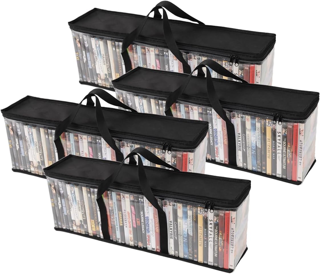 Set of 4 DVD Storage Bags,Transparent PVC Media Storage,Media Organizer Bag for DVDs, CDs, Video Games, VHS Box, Video Game Disks,With Reinforced Carrying handles (4, Large)