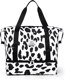 Travel Duffel Bag for Women Weekender Carry On Overnight Bag Sports Gym Bag with Wet Pocket and Shoes Compartment Carry On Tote Bag with Trolley Sleeve Travel Gym Yoga School Camping (Cow Print)