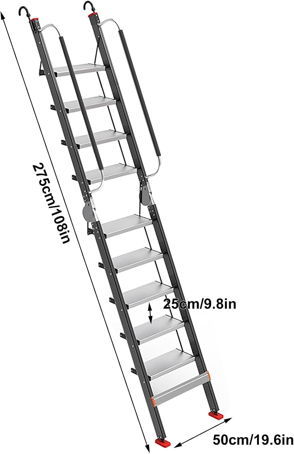 Step Ladder Durable and Safe, Attic Bunk Bed Ladder, Emergency Fire Climbing Ladder, Outdoor Wall Climbing Ladder Adjustable 3 Levels of Height, with Non-Slip Feet(Black,275cm/108in)
