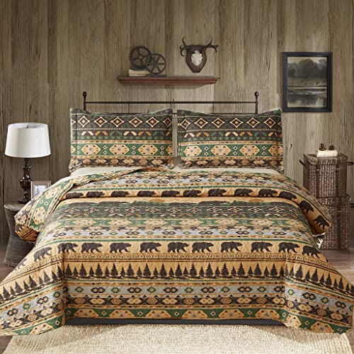 3 Piece Lodge Quilt Set King,Farmhouse Cabin Bedspread Coverlet,Rural Life Rustic Country Home Decor Bedding Set Blanket Grizzly Bears Boho Stripe Patterns Bed Set Bedroom Decoration for All Season