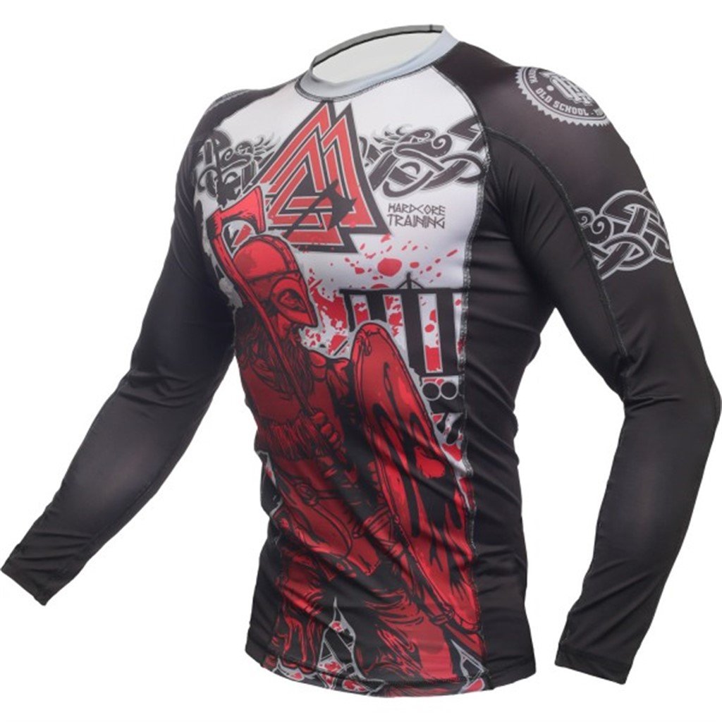 Hardcore Training Rash Guard Mężczyźni Kompresja Koszulka Długi Rękaw BJJ MMA No-Gi Obcisła Grappling Boks (DE/NL/SE/PL, Alfa, L, Regularny, Regularny, Czarny Czerwony Szary)