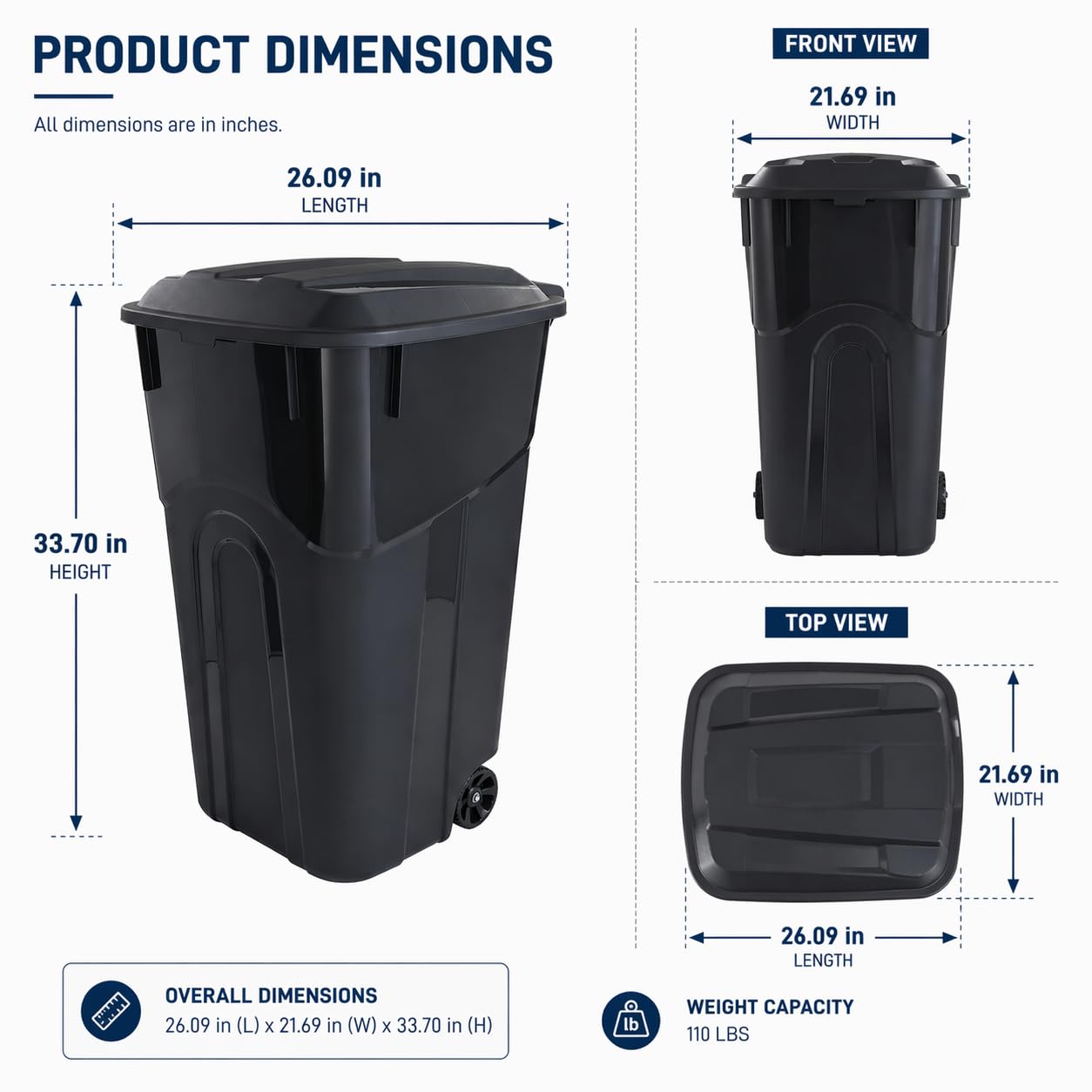 32 Gallon Wheeled Trash Can with Attached Lid, Heavy Duty Plastic Outdoor Garbage Receptacle with Ergonomic Handle and Bottom Lift Groove, Black