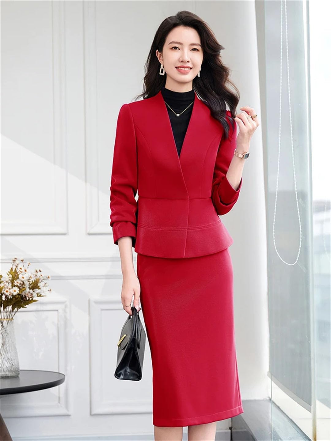 Women's Spring Solid Color V-Neck Hidden Breasted Blazer and High Waist Skirt Holiday Set