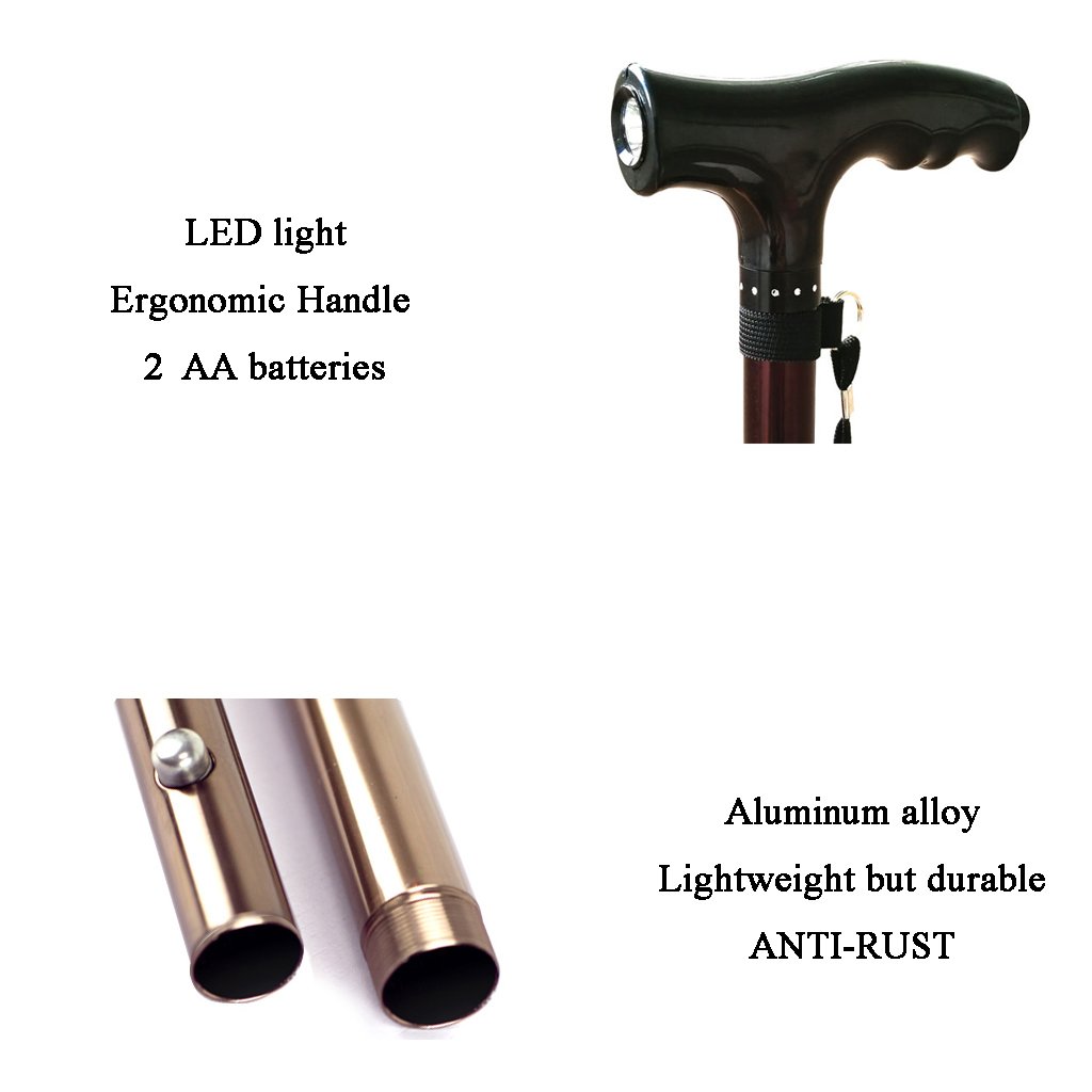 Bastoni da Passeggio in Lega con Impugnatura LED a Luce Stampelle 10 Livelli di Altezza Regolabili per Uomini o Donne Disabili e Anziani Canna da Mobilità con 4 Gambe Base Antiscivolo Max. 200kg