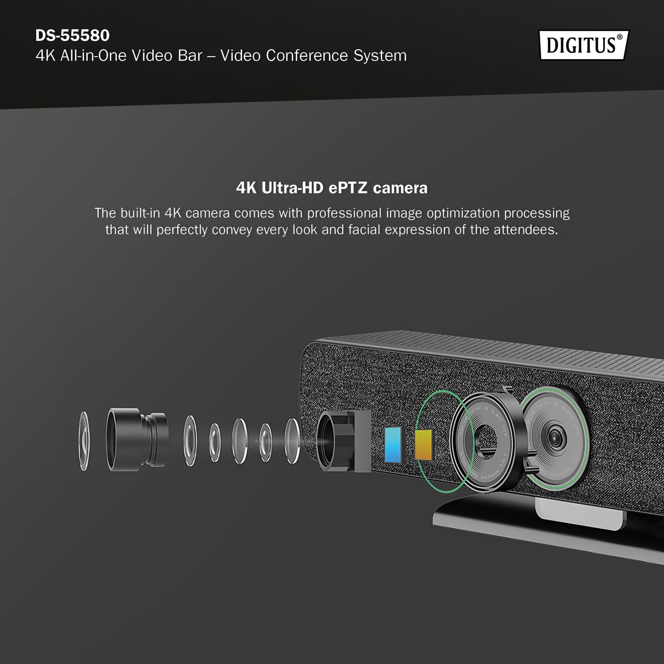 DIGITUS DS-55580 Video Bar Pro, system wideokonferencyjny - kamera internetowa 4K UHD 30 Hz ePTZ - 1 mikrofon biurkowy i 4 mikrofony wewnętrzne - głośniki - automatyczna regulacja ostrości i zoomu