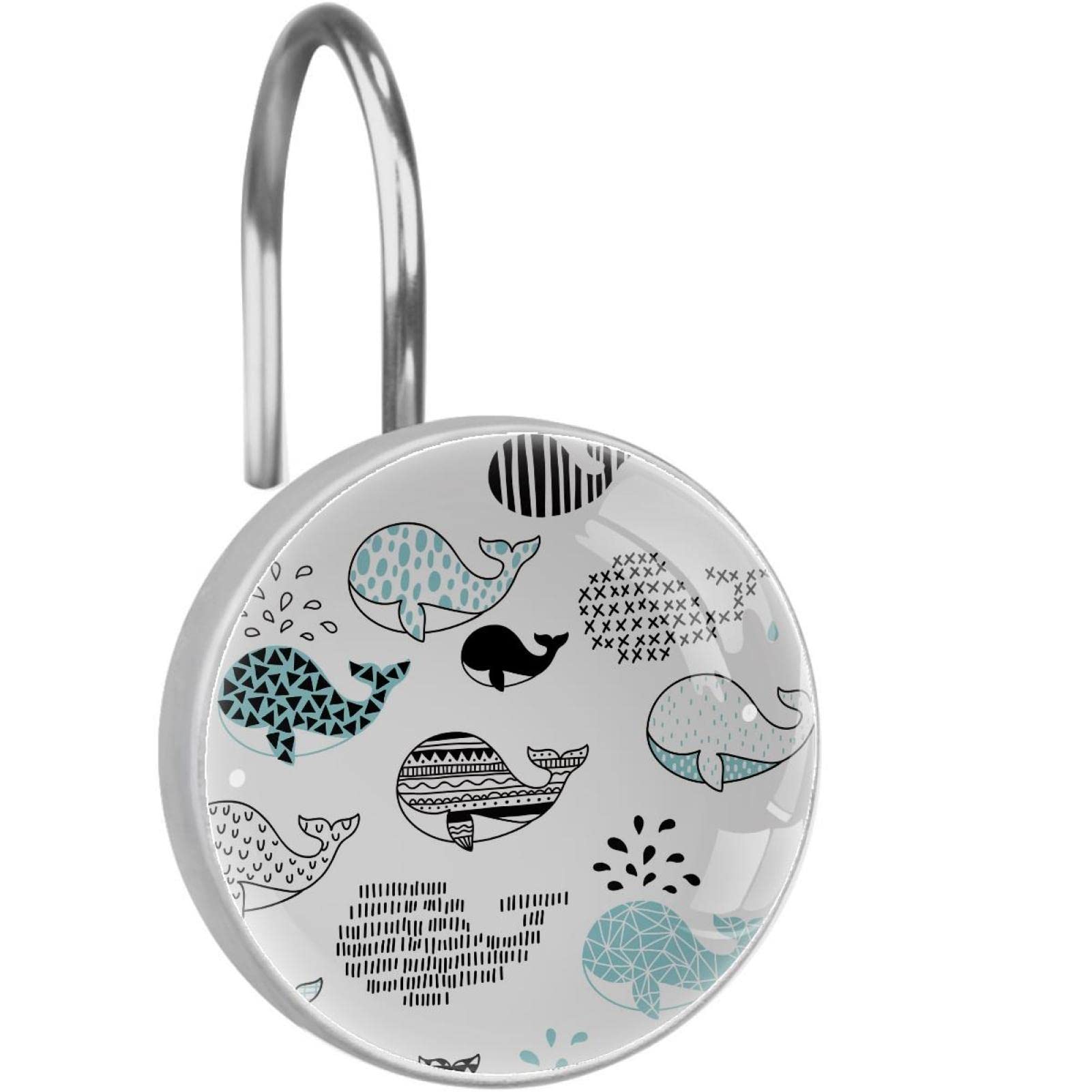 Crochets de rideau de douche lot de 12 en acier inoxydable blanc motif baleine pour salle de bain