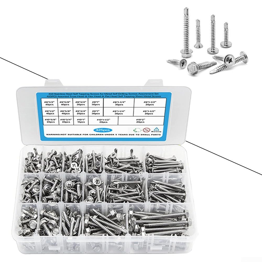 425PCS 410Stainless Steel Vite autoperforante, testa svasata Pan Head Hex Head Autofilettanti Auto-foratura Viti Set
