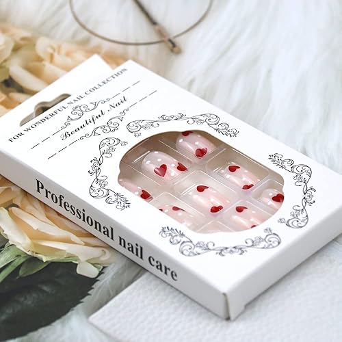 Miniatura 6 de Uñas postizas a presión para el día de San Valentín uñas postizas cortas de corazón rojo vino con purpurina diseño exquisito uñas postizas cuadradas