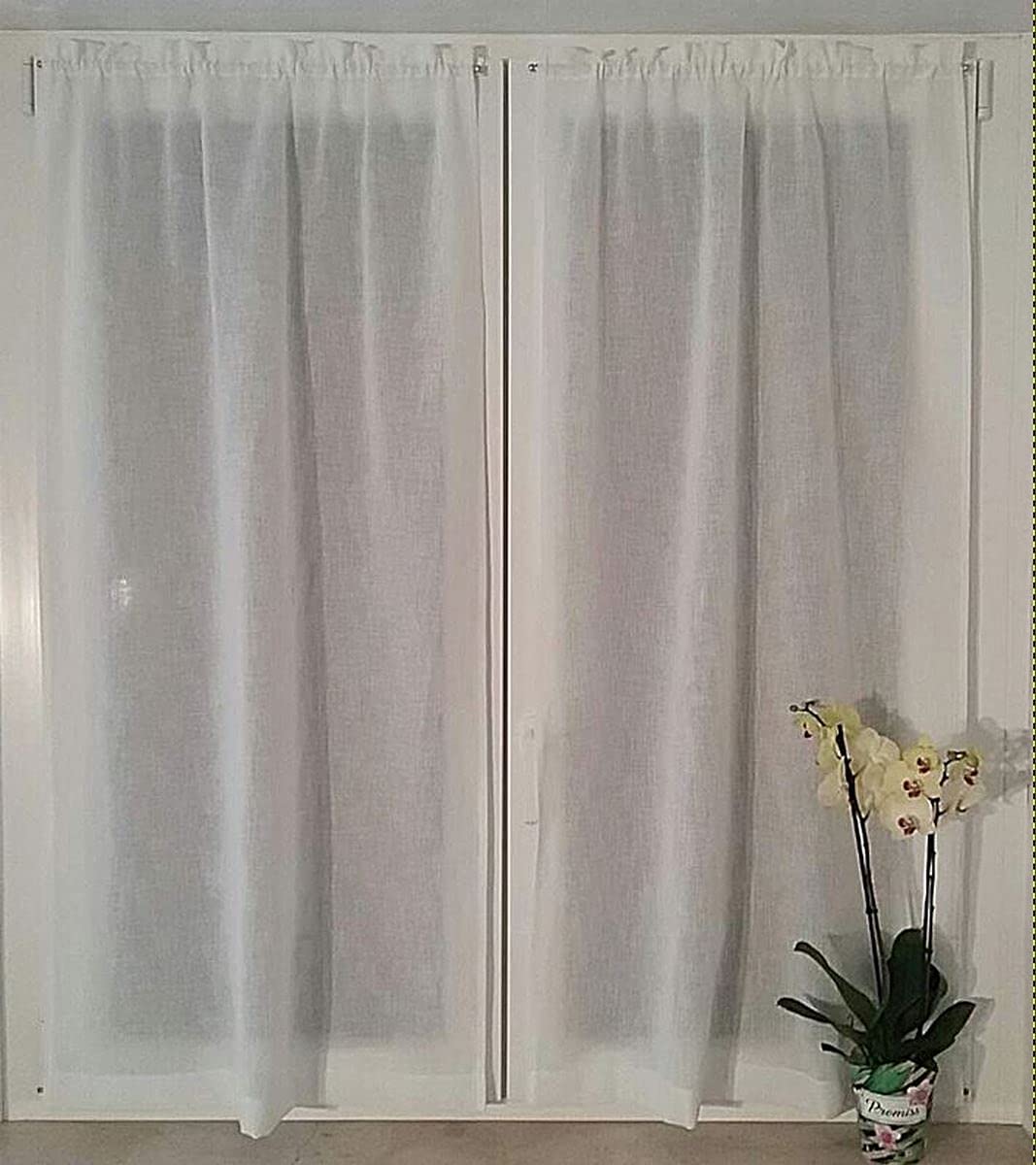 Coppia Tendine a pannello tende a vetro per finestra e porta su misura – larghezza 35-45-50-55-60-65-70-80-90 bianco-lino-corda-grigio effetto lino art.marica (bianco 50x135 cm)