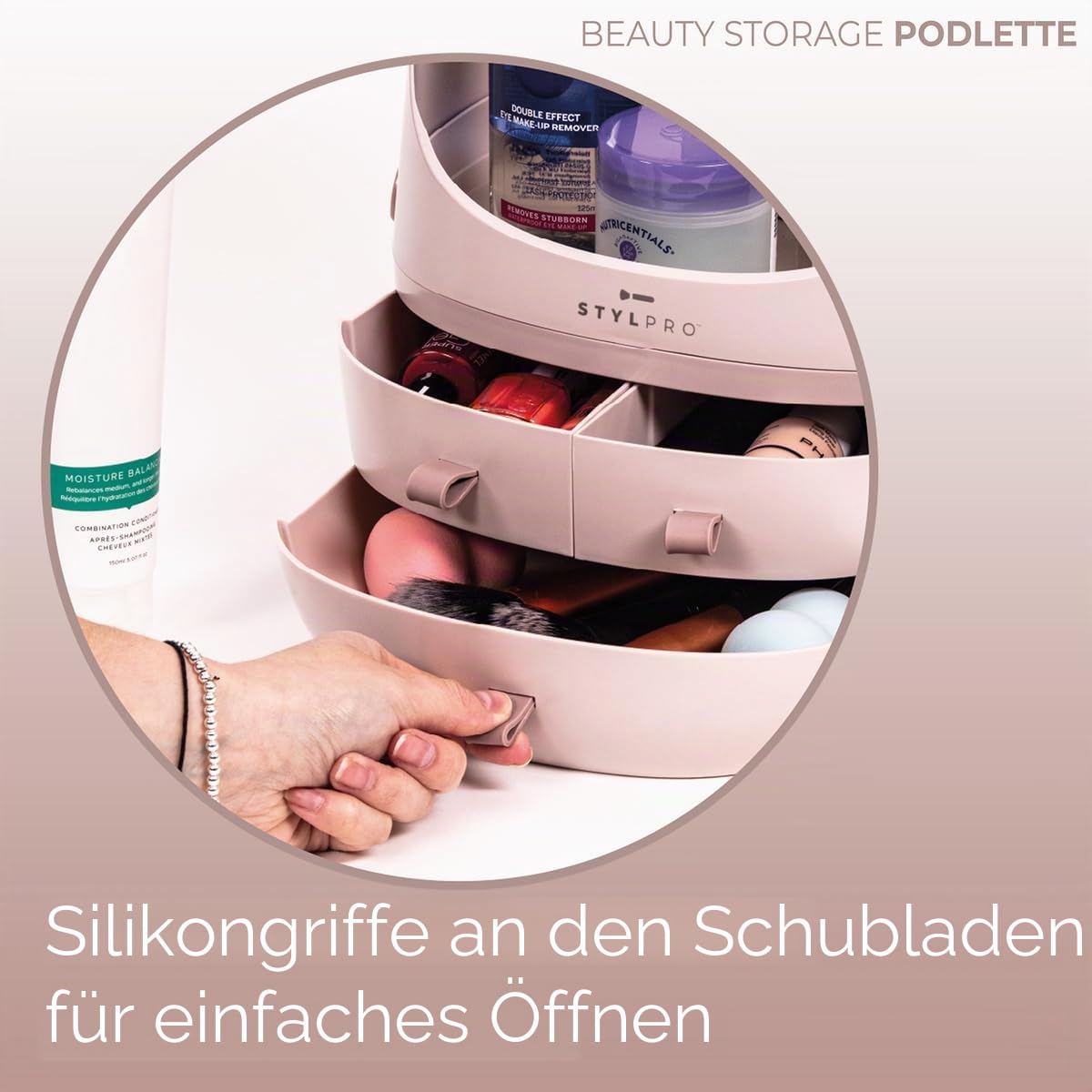 STYLPRO Beauty Storage Podlette, Kosmetik & Hautpflege Organizer mit 3 Schubladen, abnehmbarem Deckel, staubdichter Abdeckung & Reisegriff für Kommode, Schlafzimmer Rose 25x23x32cm
