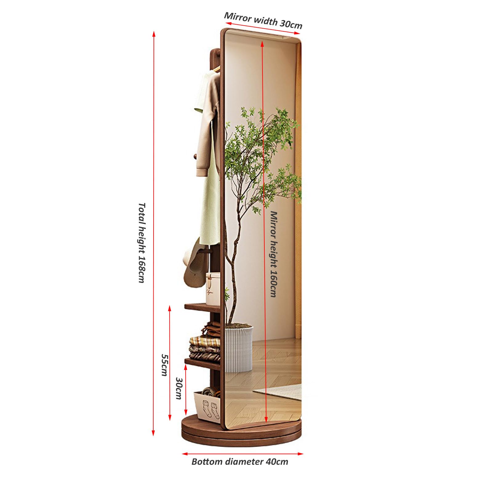 Specchio girevole a corpo intero con appendiabiti, specchio girevole a 360 gradi in legno con appendiabiti, specchio 2 in 1 per camera da letto, soggiorno, guardaroba