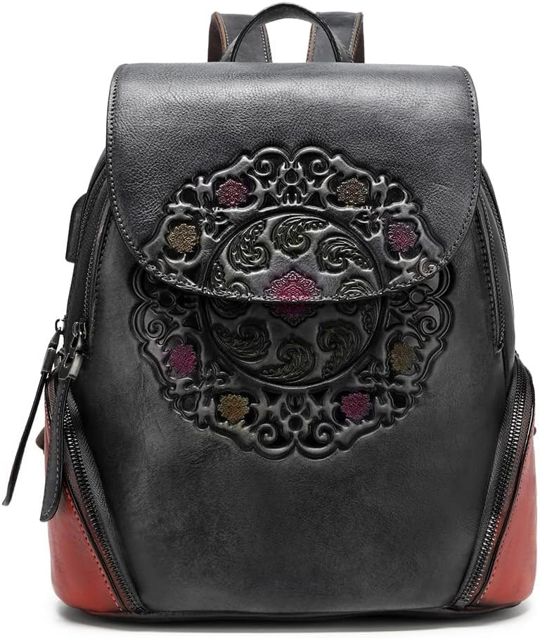 Leather Backpack for Women Organizer Retro Vegetable Tanning leather bag Vintage Embossing Totem (black) Leather Backpack for Women Organizer Retro Vegetable Tanning leather bag Vintage Embossing Totem (black)