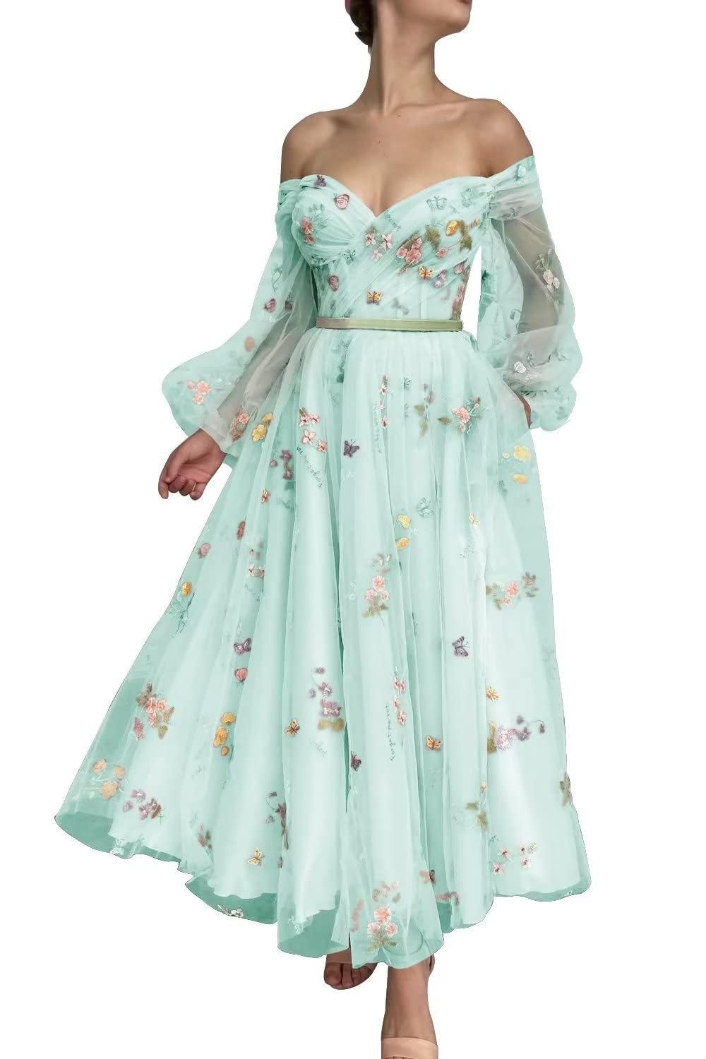 Swemile Women's Light Green Flower Embroidery Prom Dresses Lace Tulle Bridesmaid Dress Off Shoulder Long Puffy A-Line Formal Evening Party Gown Uk14