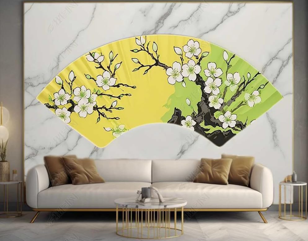 Papier peint panoramique encre fleur prunier jaune 150x105cm
