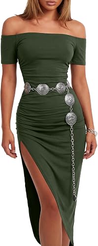 Vrtige Women's Off Shoulder Ruched Side Slit Bodycon Cocktail Party Midi Dress A