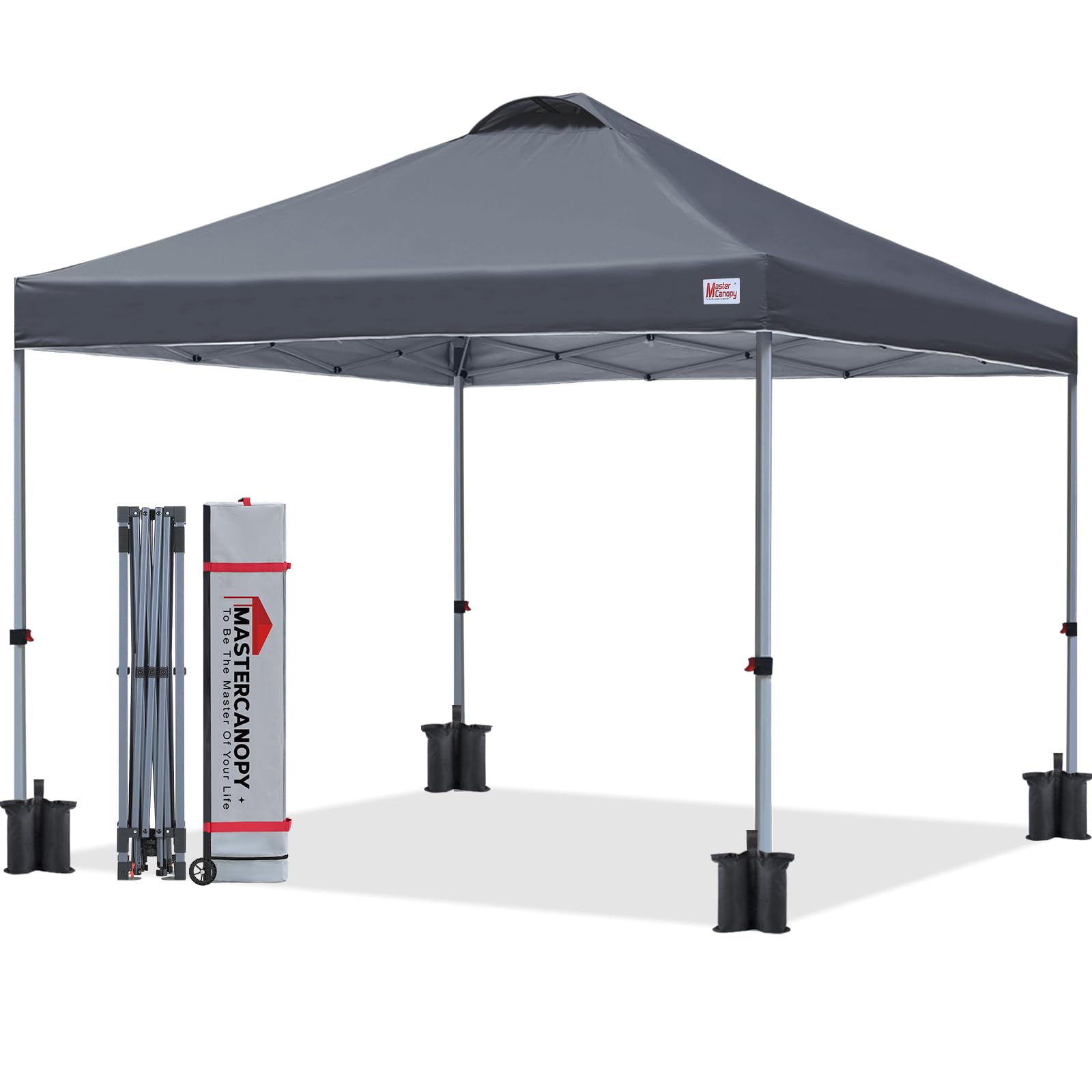 MasterCanopy Pop-up-Pavillon 3x3 Schnellaufbau, 3-Fach höhenverstellbar, UPF50+, wasserabweisend, inkl. Rolltasche + 4 Sandsäcke, für Camping, Events, Garten, Darkgrau