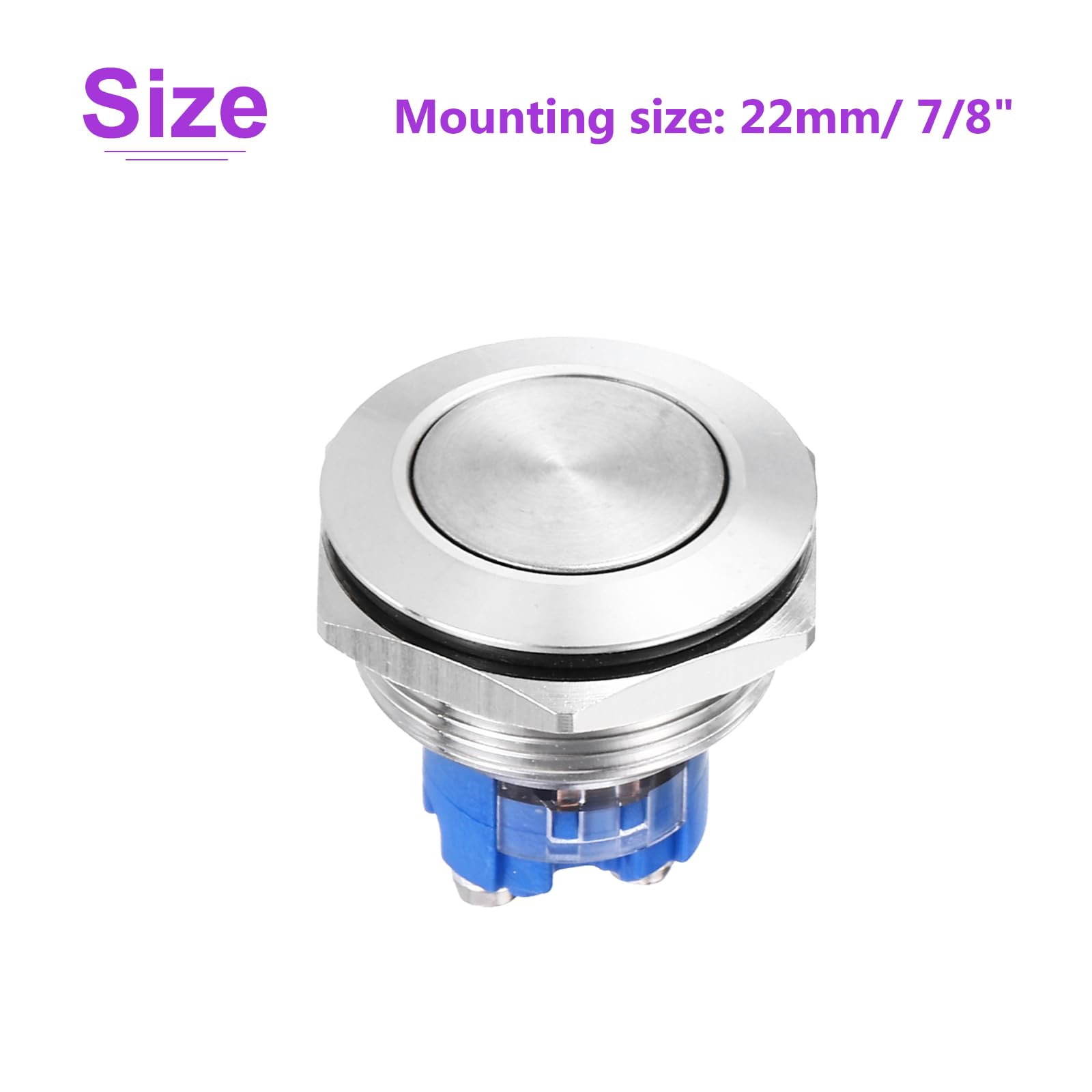 DMiotech 7/8 Inch Stainless Steel Latching Push Button Switch Flat Head 250V 5A Silver Shell with Screw Foot 1NO for Car Boat Systems Custom Setups 2Pcs - Image 4