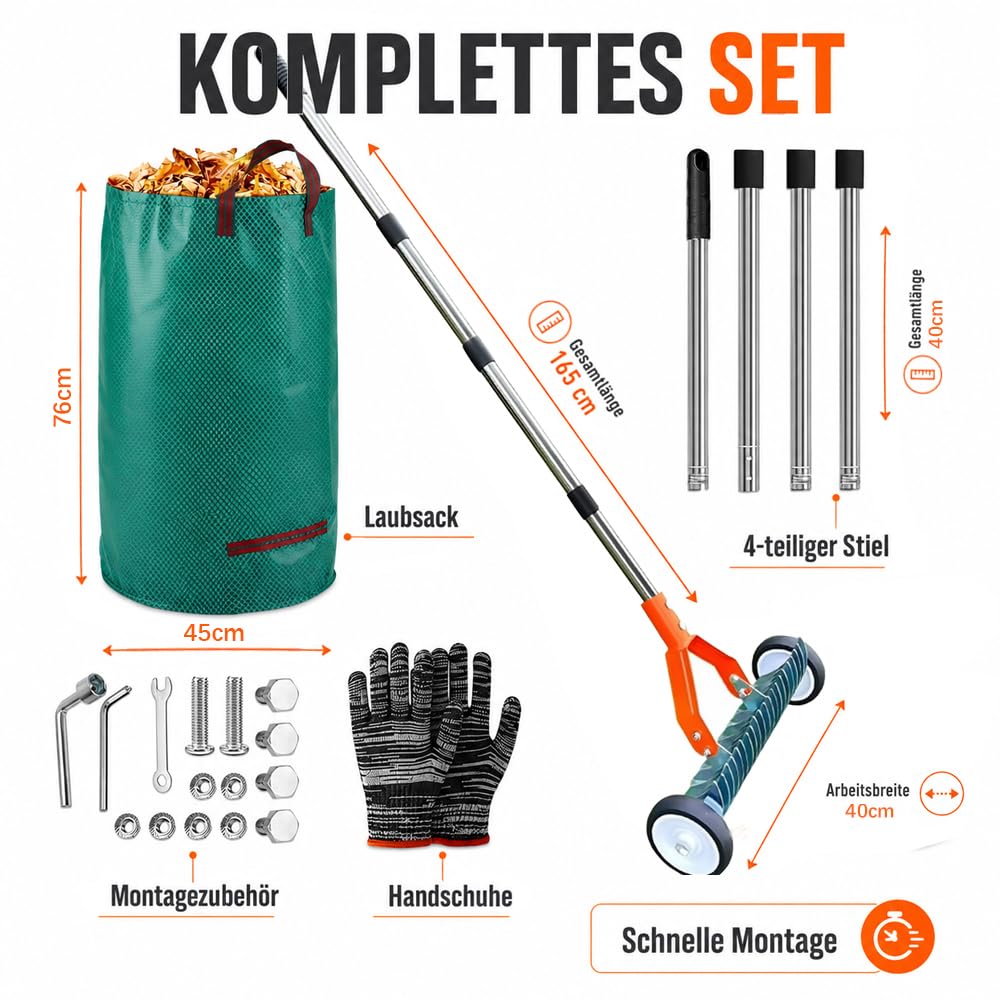 Escarificador Manual con Ruedas, Escarificador Cesped Manual con Mango de 165 cm Ajustable, con Bolsa para Residuos de Jardín, para Eliminar Hierba Muerta, Aflojar el Suelo