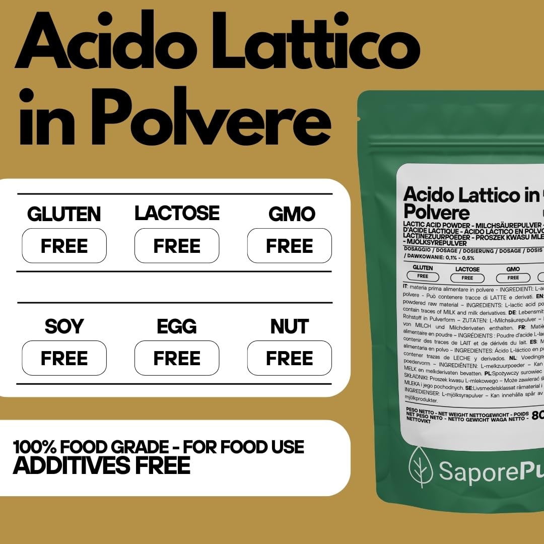 SaporePuro Acido Lattico in Polvere 80 g – Qualità Alimentare Pura - Per Panificazione, Latticini, Bevande Fermentate e Uso Cosmetico