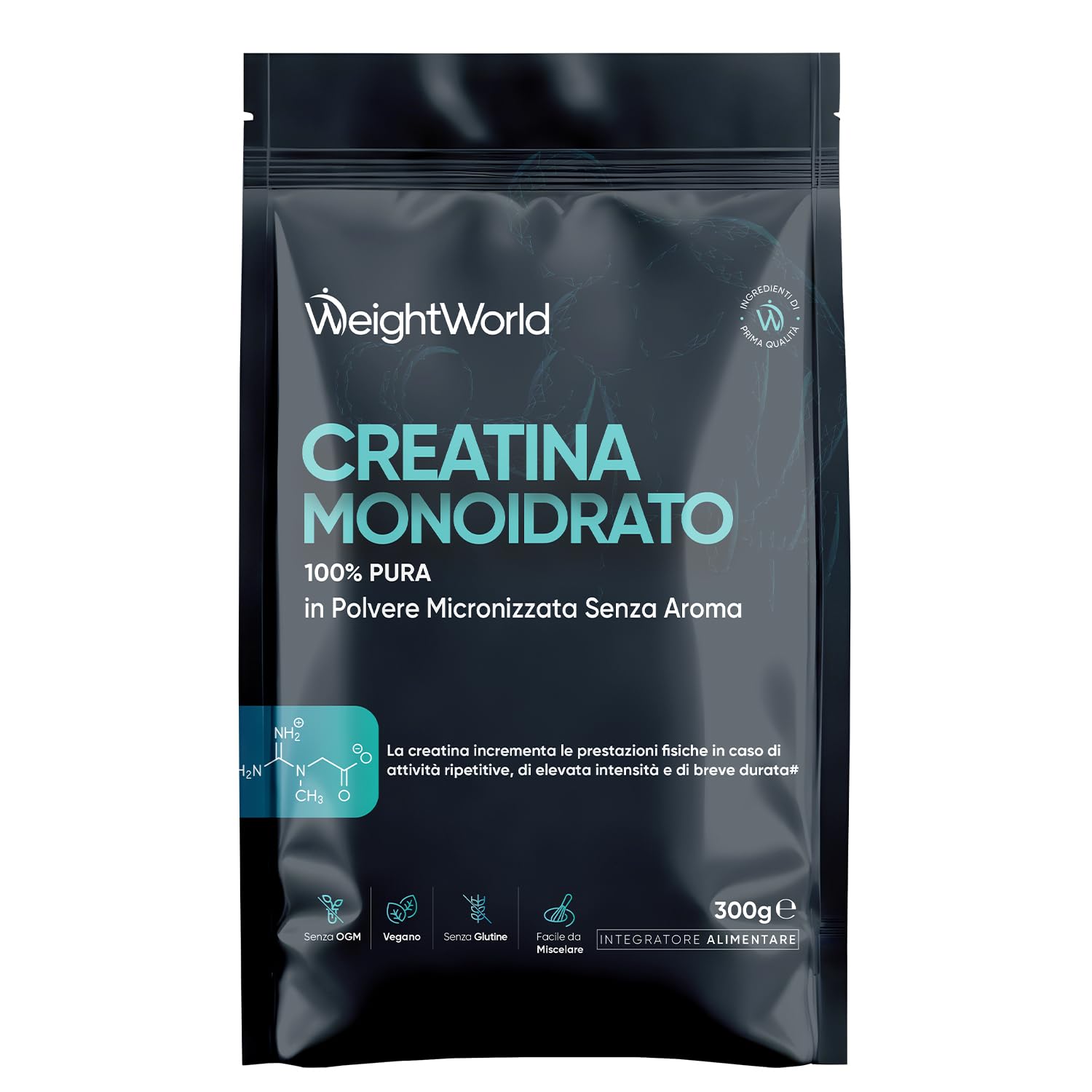 Creatina Monoidrata in Polvere 100% Pura, Vegana, 100 Dosi, Fattore di Maglia 200, 1 Solo Misurino al Giorno, Creatina in Polvere Micronizzata da 300g con Misurino, Pre Workout, Intra e Post Workout