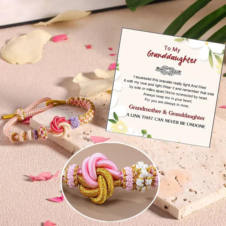 Image of Granddaughter Bracelet for Women, Cute Pink Peach Blossom Knot Bracelet from Grandma Trendy Handmade Braided Charms Bracelets Holiday Jewelry Gifts